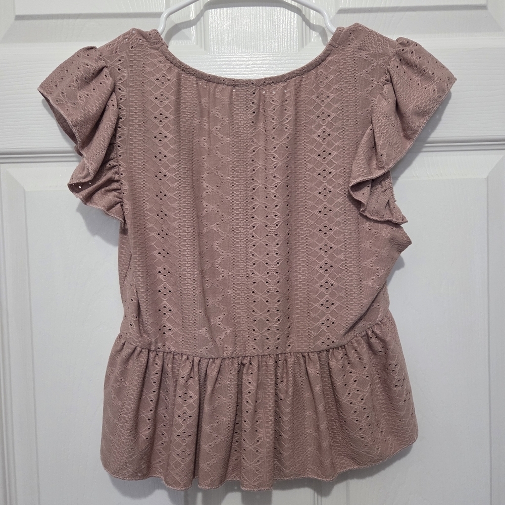 Women Butterfly Sleeve Lettuce Trim Peplum Dusty Pink Boho Crop Top Size Small - Picture 8 of 11